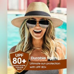 FURTALK Womens Mens Wide Brim Straw Panama Hat Fedora Sun Hats Straw Hat
UPF 80+